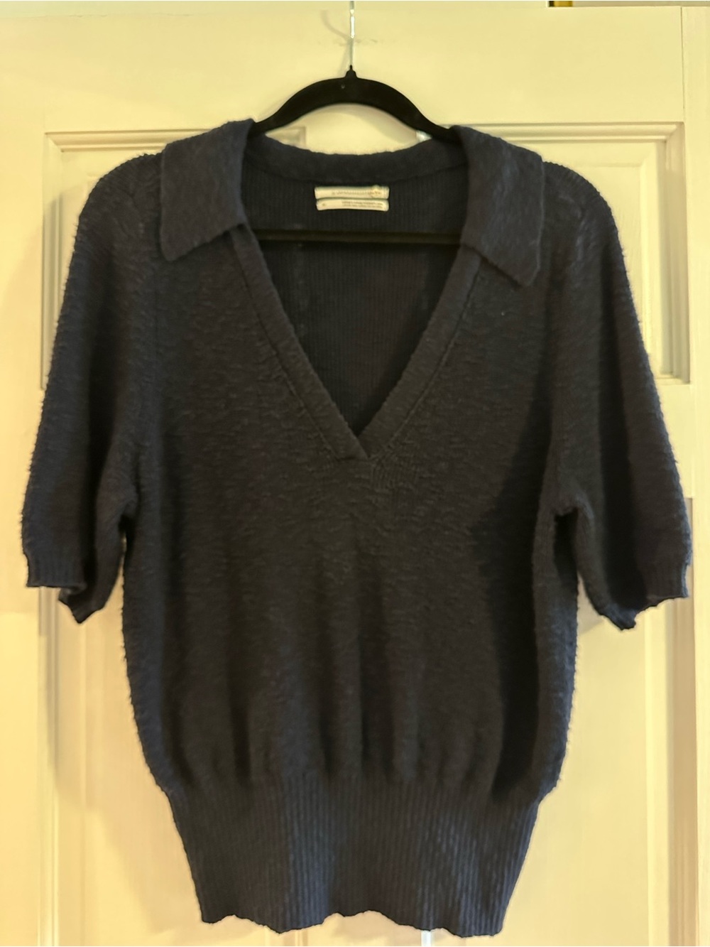 Anthropologie Johnny Collar Short-Sleeve Textured Sweater Navy Blue Size XL
